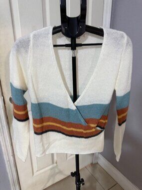 O'Neill Wrap It Up Stripe Knit Cropped Faux-Wrap Sweater Size XS